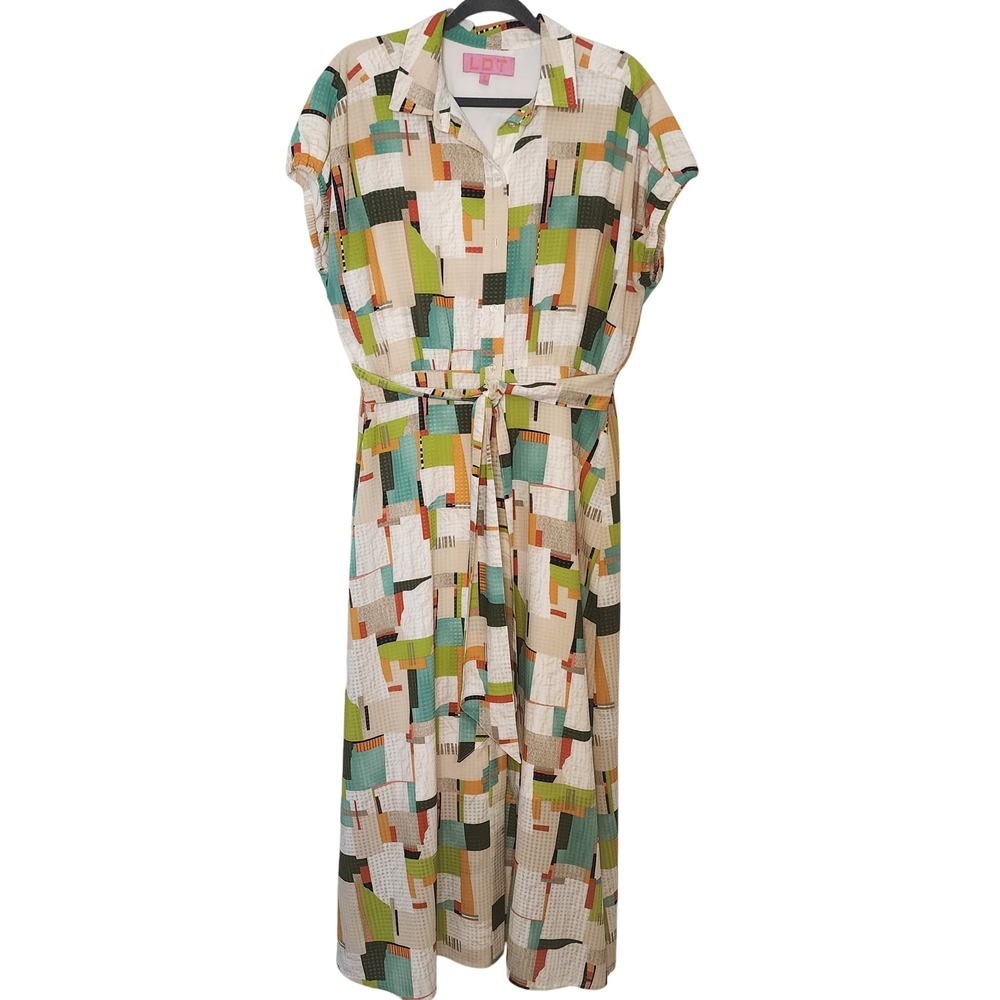 LDT Women's Geometric Print Midi Dress with Belt Short Sleeve Size 8